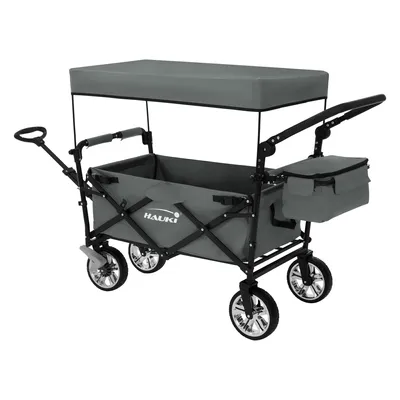 Obrázek produktu pro Skládací vozík Hauki Bollerwagen s střechou, dětský vozík, vhodný na pláž, piknik, kempování, transportní vozík XXL v modro-šedé barvě, vozík s přihrádkou