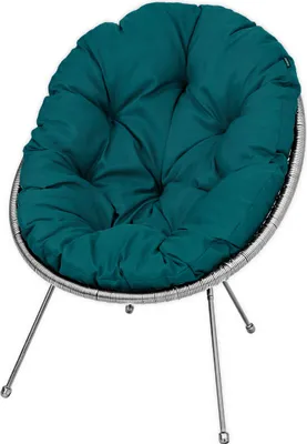 A teal papasan chair with a silver frame and legs, isolated on a white background.