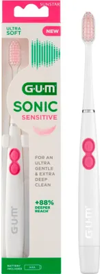 Produktbild von GUM Sonic Sensitive, Erwachsener, Ultraschall-Zahnbürste, Zahnfleischpflege, Intensiv, Massage, Sensibel, Weiß, Weich, Oval