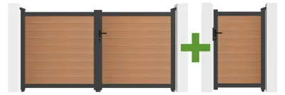 Produktbild von ATHOS 3 m H. 160 cm Schwingtor aus Teakholzverbundwerkstoff mit Aluminiumrahmen + ATHOS 1 m H. 16 cm Fußgängertor aus Verbundwerkstoff
