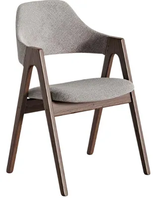 Produktbild von Moderner Holzstuhl mit grauem Stoffbezug und ergonomischem Design