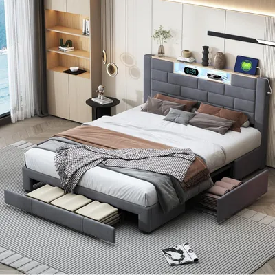 Zdjęcie produktu dla Łóżko tapicerowane dwuosobowe - Stelaż łóżka - Materac sprężynowy - Rozkładana sofa - Łóżko z pojemnikiem na pościel