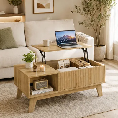 Obrázek produktu pro Konferenční stolek INONEFT, obdélníkový tvar, s úložným prostorem, výškově nastavitelný, moderní design, vhodný do obývacího pokoje, ložnice, Obrázek vytvořený pomocí AI