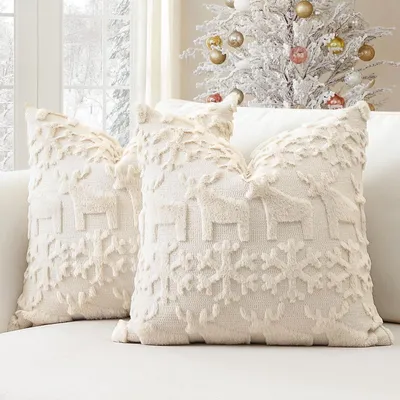 Produktbild von Set mit 2 Kissenbezügen aus weicher Wolle, kurzem Samt, dekorative Kissenbezüge für Sofa und Schlafzimmer, Schneeflocken- und Elchmotiv, cremefarben, 60 x 60 cm