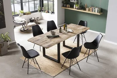 Produktbild von Essgruppe Baumkantentisch Mango mit Ansteckplatten 200(300)x100 cm U-Gestell 7tlg. NOAR III