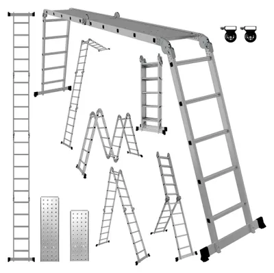 Produktbild von 4x5 Stufen Mehrzweckleiter 5,82 m Aluminium Multifunktionsleiter bis 150 kg mit 2 Transportrollen und 2 Plattformen, Gelenkleiter Klappleiter Stehleiter