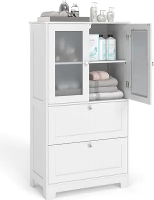 A white wooden bathroom cabinet with two drawers and two doors, one of which is open, revealing shelves with towels and bottles.