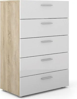 Immagine prodotto di Cassettiera Petra a 5 cassetti con struttura in rovere e decori in bianco lucido.