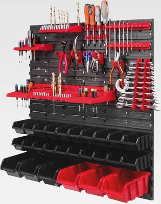 Produktbild von ® 26 Stapelboxen + Wandregal + Werkzeughalter 26 Box erweiterbar Sichtlagerkästen Schüttenregal Steckregal, Hängeregal Kleinteilemagazin Werkstatt-Regal Werkzeugwand 78x78cm