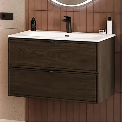 Produktbild von Badezimmer Waschtisch mit 80 cm Breite in Walnuss, 2 Schubladen & Keramikwaschbecken - TEMUCO-56-WALNUT