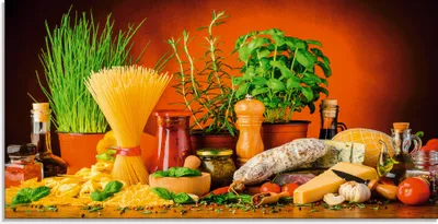 Produktbild von ARTland Glasbild Mediterranes und italienisches Essen Größe: 60x30 cm