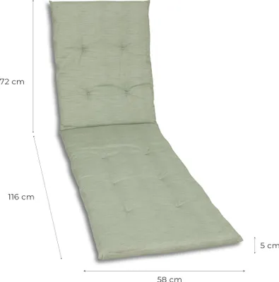 A light green chaise lounge cushion is shown lying flat on a white background, with dimensions indicated by lines and text.