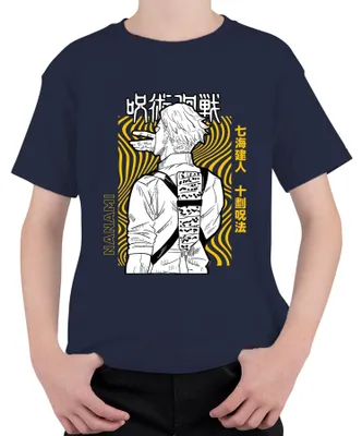 Immagine prodotto di Maglietta unisex per bambini Jujutsu Kaisen Nanami Kento, stile anime e manga, retro, giallo e nero, blu navy, taglia 128