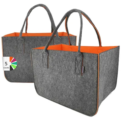 Produktbild von LEVIATAN Filztasche 2 Stücke Shopper Groß-30 Liter Einkaufstasche XXL Zusammenklappbar Einkaufskorb Kaminholztasche Kleiderkorb Spielzeugtasche Dunkelgrau/Orange