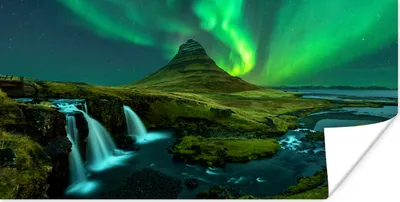 Produktbild von MuchoWow® Poster Nordlichter - Wasserfall - Berg - Island 120x60 cm - Bild