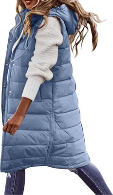 Produktbild von ASKSA Damen Daunenweste Lang Winterjacke Daunenjacke Warm Weste Jacke mit Kapuze Steppjacke, Blau, L