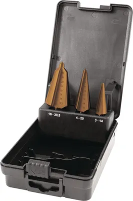 Image de Jeu de forets à tôle 3-14/4-20/16-30,5 mm HSS-TiN, 3 pièces, coffret en plastique