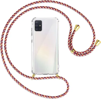 Produktbild von Handykette Backcover-Schutzhülle mit Band (Metall goldfarben) für Samsung Galaxy A51 (A515) - weinrot/gelb/grau