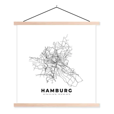 Produktbild von MuchoWow® Textilposter Stadtplan - Schwarz-weiß - Karte - Hamburg - Deutschland 40x40 cm mit holzfarbenen Rahmen - Posterleiste