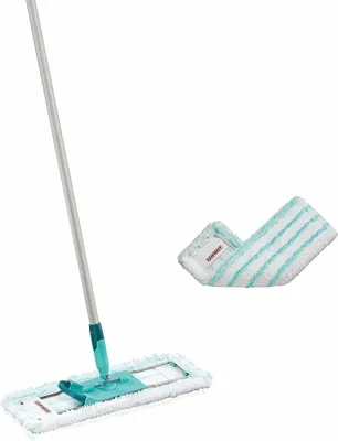 A floor mop and an extra mop head are displayed against a white background.