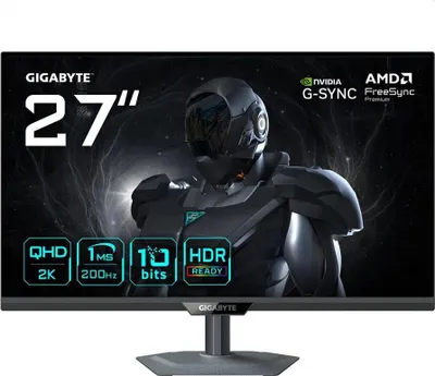 A marketing image for a Gigabyte 27-inch gaming monitor, featuring a futuristic robot graphic and key specifications.