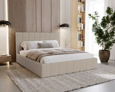 Obrázok produktu pre Čalúnená posteľ BESILIO Boucle 200x200 Lexy - lamelový rošt, čelo, úložný box, úzka posteľ - béžová