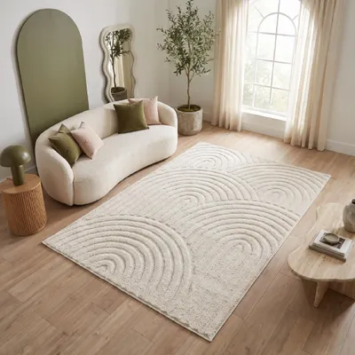 Image de Tapis à poils courts LINEA 3D, motif vagues, couleur crème, idéal pour le salon,  OEKO-TEX, dimensions : 200 x 300 cm