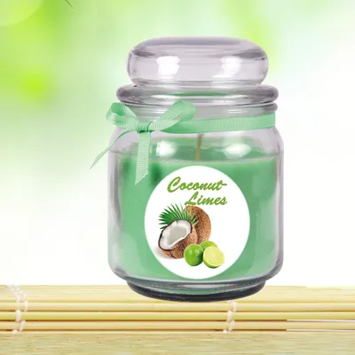 Obrázok produktu pre Vonná sviečka v sklenenej nádobe s vôňou kokosu a limetky, 13 x Ø9 cm – stredná sklenená nádoba typu „bonbon“ s viečkom, doba horenia cca 70 hodín, darčeková dekorácia do domácnosti