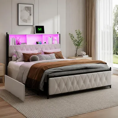 Produktbild von INONEFT Stauraumbett 160x200cm mit 4 Schubladen, Doppelbett Polsterbett mit LED und USB und Type-C, Jugendbett Bettrahmen mit Lattenrost, Samt Beige