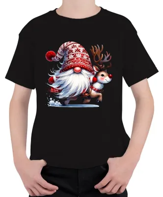 Produktbild von Weihnachtsmann mit Rentier lustig Cartoon Weihnachten Zwerg Gnom Kinder T-Shirt, Schwarz, 128