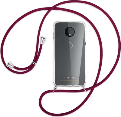 Produktbild von Handykette Backcover-Schutzhülle mit Band (Metall silberfarben) für Motorola Moto Z3 Play - dunkelrot