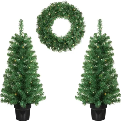 Produktbild von Black Box Trees Norton Weihnachtsbaum und Weihnachtskranzset – 2 künstliche Weihnachtsbäume und 1 Kranz mit LED-Beleuchtung – Grün