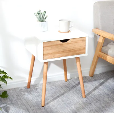 Image de Meerveil Table de nuit avec tiroir, armoire d'appoint, armoire de consigne de style scandinave, Convient pour le salon, la chambre à coucher, Blanc+Chêne