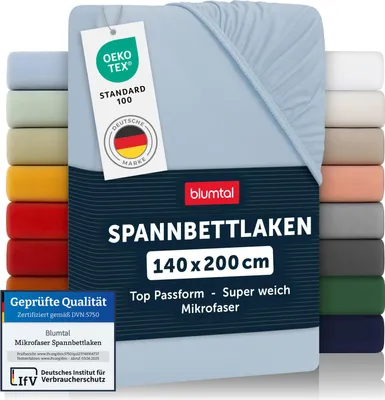 Produktbild von Blumtal Spannbettlaken 140x200 cm – Atmungsaktives Mikrofaser Bettlaken in Hellblau – Fitted Sheets 140x200 cm für besten Schlafkomfort