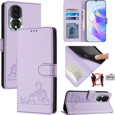 Produktbild von Leder Hülle für Honor 80 Süße Katze Flip Case Brieftasche Schutzhülle mit Standfunktion Lila