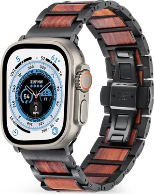 Produktbild von Strap-It Apple Watch Ultra Stahl-/Holzarmband (Schwarz/Braun)