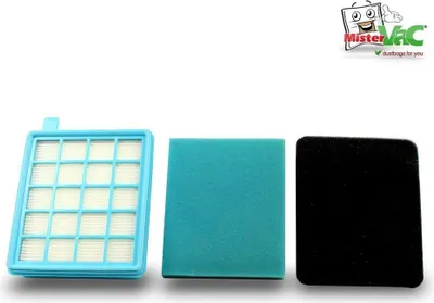 Three vacuum cleaner filters are displayed on a white background. A logo is present in the top right corner.