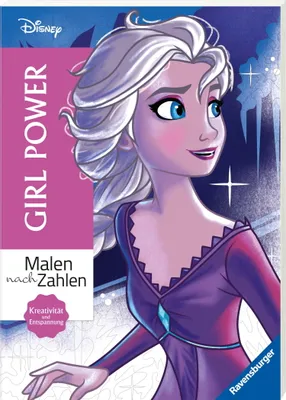 A book cover featuring Elsa from Frozen, with text indicating it's a 'Malen nach Zahlen' (Paint by Numbers) book with 'Girl Power' theme.