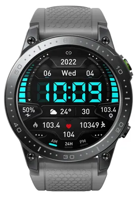 A close-up view of a smartwatch face displaying time, date, and various fitness metrics.