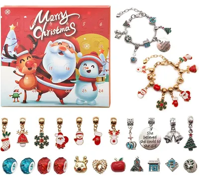 Immagine prodotto di Calendario dell'Avvento natalizio con set di braccialetti, 24 giorni, fai da te, con 22 ciondoli. Anno 2024