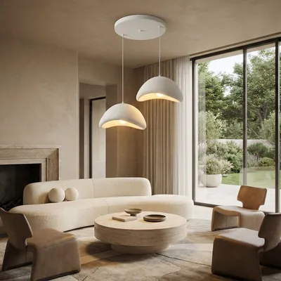 Immagine prodotto di Opviq, lampadario di alta qualità, struttura in metallo, calotta in fibra di vetro, 52 x 40 x 26 cm, altezza regolabile da 45 a 109 cm, Ø 50 cm, 2 x E27 max 40 W, IP20, design elegante e moderno in bianco.