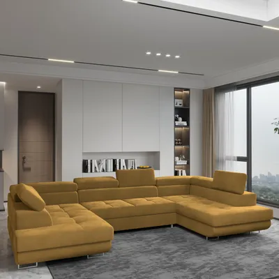 Produktbild von Masseno Ecksofa RAGGIO mit Schlaffunktion U-Form, Sofa mit Bettkasten, Wohnzimmersofa, Couch, Soffa, Bettsofa, Couchgarnitur- Gelb, MONOLITH 48