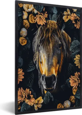 Produktbild von MuchoWow® MuchoWow® Gerahmtes Poster Pferd - Blumen - Orange 40x60 cm - Poster mit zchwarzem Bilderrahmen - Papierdruck - Wandbilder