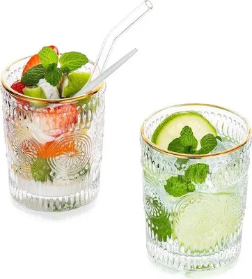 Produktbild von Famanu Trinkgläser 300ml Goldrand Vintage Becher Set - 2er Set Highball Glas für Saft Kaffee Tee