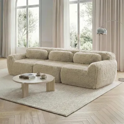 Image de Canapé trois places bas en peluche, modulable, antidérapant, ne nécessite aucun montage, avec coussins, 291 x 104 x 73 cm, kaki