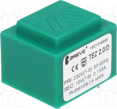 Immagine prodotto di 1 trasformatore: rivestito, 15V, 133,3mA, 2VA, 230VAC. Montaggio: TEZ2/D230/15V - trasformatore