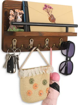 Produktbild von Schlüsselbrett Holz mit Ablage, Schlüsselhalter mit Metall Haken, Schlüsselboard Wandmontage