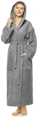 Produktbild von Bademantel für Damen mit Kapuze, extra lang, 100% Baumwolle-Frottee, Größe:S Extra Lang, Farbe:Grau