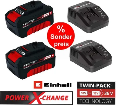 Produktbild von 2 x Original Einhell 4,0 Ah Akku und 2 x Ladegerät Power X-Change Li-Ion, 18 V