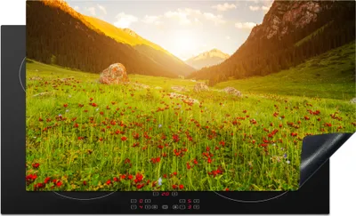 Produktbild von KitchenYeah© Herdabdeckplatte Blumen - Berg - Sonne , 90x52cm, Küche Deko, Glaskeramikkochfeld Herdabdeckung, Abdeckplatte fùr Kochfeld
